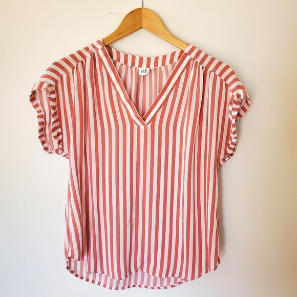 GAP Tops - GAP Pink & White V-Neck Striped Short Sleeve Blouse (Small)